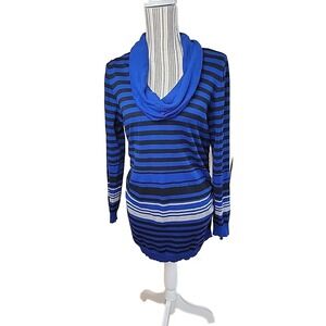 Pina Rossi Y2K‎ Striped Cowl Neck Ruched-Side Tunic Sweater Women's L Blue/Black
